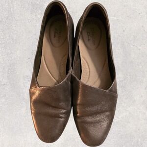 Clarks Juliet Loafer Womens 7.5 Slip On Metallic Brown Leather Comfort Heel Shoe
